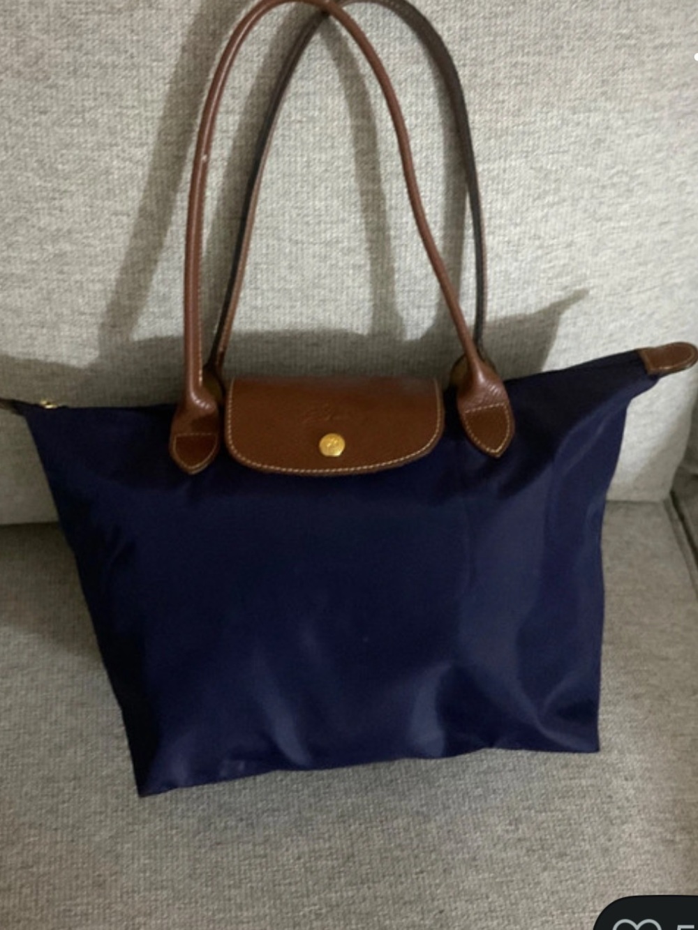 Longchamp Navy Tote with Brown Trim